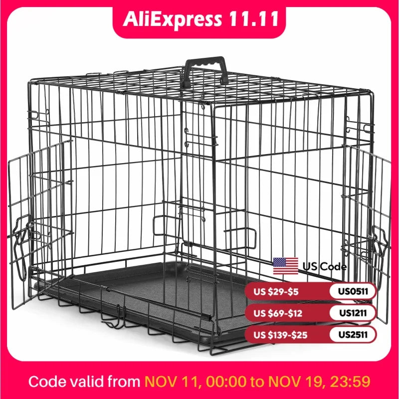 JHK Double Door Folding Metal Wire Dog Cage with Plastic Leak-Proof Pan Tray Extra Large Pet Kennel for Indoor Outdoor Travel
